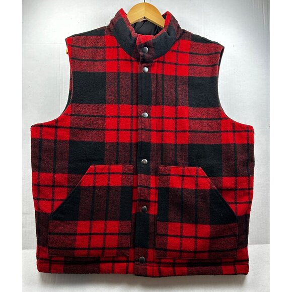 Old Navy Puffer Vest Mens Large Wool Blend Heavyweight Red Black Buffalo Plaid - Picture 2 of 7